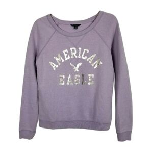 American Eagle Wide Neck Sweatshirt Purple Lilac Light Weight Silver Metallic XS